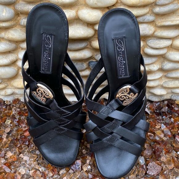 Brighton Vista Black Slide Open Toe Sandals Strappy Heels Leather Size 7.5M EUC! - Picture 3 of 10
